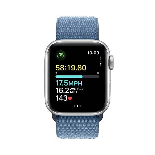 Apple Watch SE (2-е поколение 2023), 44 мм, алюминий серебристого цвета, тканевый ремешок синий